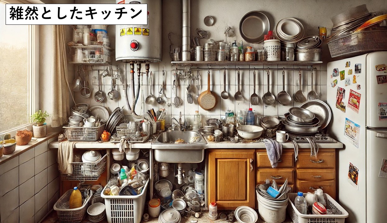 散らかったキッチンのイラスト（歯の治療の前の例）